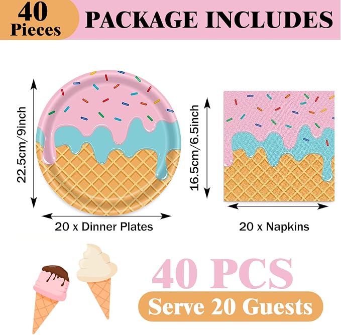 40 Pcs Ice Cream Plates and Napkins Party Supplies, Disposable Ice Cream Paper - Image 2