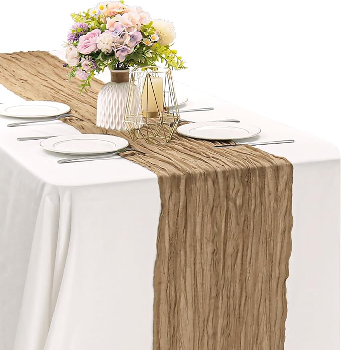 Khaki 10FT Cheesecloth Table Runner Boho Gauze Fabric Table Runner Rustic Sheer by JALANCY