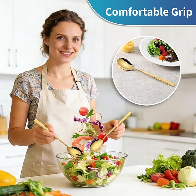 Gold Salad Serving Utensils Set of 2, 9.4 Inch Stainless Steel Salad Tossing - Image 4