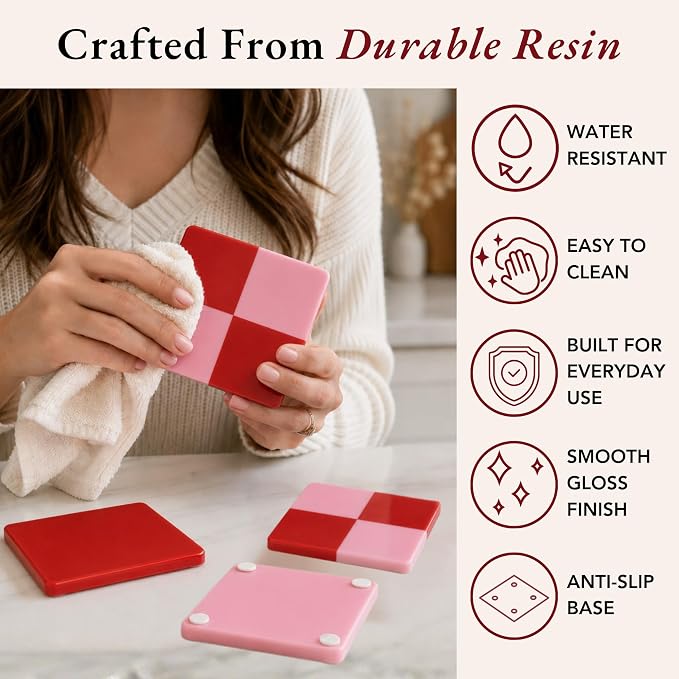 Folkulture Pink & Red Decorative Coasters Set of 4, Non Slip, 4 Inch | Coffee - Image 3