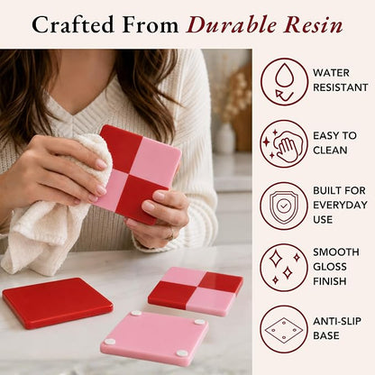 Folkulture Pink & Red Decorative Coasters Set of 4, Non Slip, 4 Inch | Coffee - Image 3