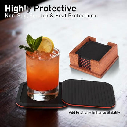 Lexenic Sleek Absorbent Coasters for Drinks with Solid Acacia Wood Holder, Silicone Cup Mat with Removable Felt Insert, Non-Slip, Non-Stick, Gift for Coffee Table Kitchen Decor, 6PCS (Black Red)