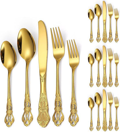 Retro Silverware Gold Set for 4 Stainless Steel Flatware Royal 20 Piece Cutlery by A%C2%B7HOUSEWARE