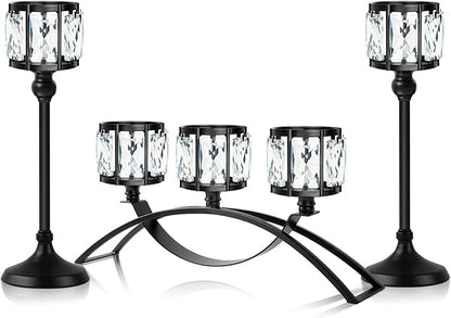 Black Set of 3 Crystal Candle Holders Arched - Elegant Tabletop Candelabra Centerpiece for Weddings, Dining Room Decor, Modern Home & Cabinet Display Housewarming