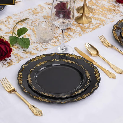 DaYammi 150Pcs Black Gold Plastic Plates & Plastic Silverware,Black Disposable Plates for Party Include 30 Dinner Plate,30 Dessert Plate,30 Knives,30 Forks,30 Spoons,black plates for Party Wedding