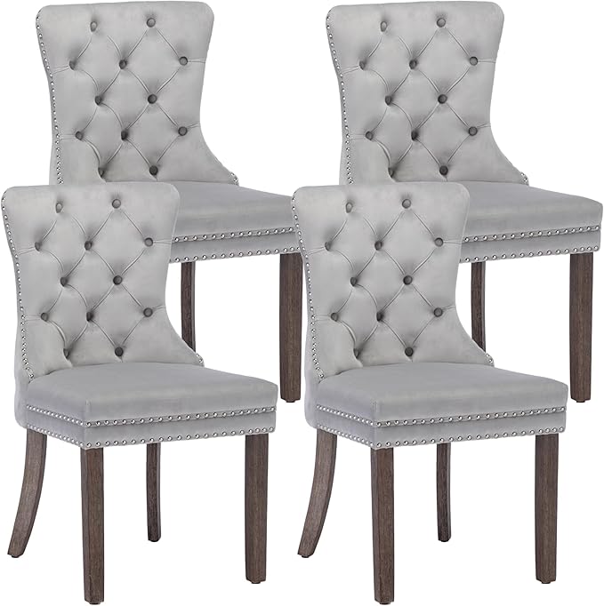 KCC Velvet Dining Chairs Set of 4, Upholstered High-end Tufted Dining Room Chair with Nailhead Back Ring Pull Trim Solid Wood Legs, Nikki Collection Modern Style for Kitchen, Light Grey