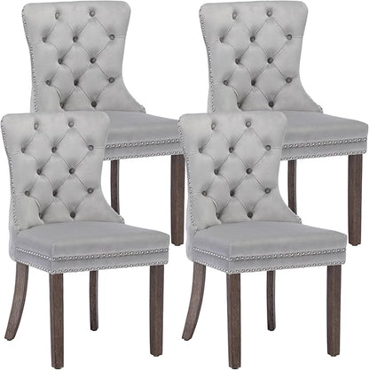 KCC Velvet Dining Chairs Set of 4, Upholstered High-end Tufted Dining Room Chair with Nailhead Back Ring Pull Trim Solid Wood Legs, Nikki Collection Modern Style for Kitchen, Light Grey