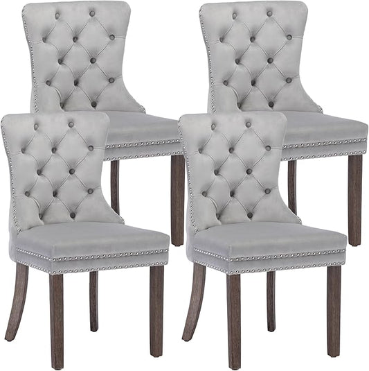 KCC Velvet Dining Chairs Set of 4, Upholstered High-end Tufted Dining Room Chair with Nailhead Back Ring Pull Trim Solid Wood Legs, Nikki Collection Modern Style for Kitchen, Light Grey