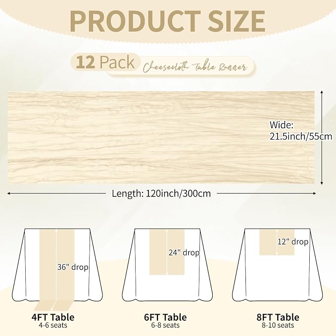 12 Pack Ivory Cheesecloth Table Runner 10Ft, Gauze Table Runners 21.5 x 120 inch - Image 2