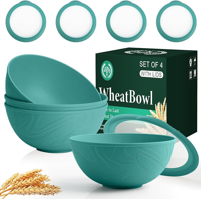 Bowls with Lids, Wheat Straw Bowl Set of 4-40 OZ Cereal Bowls and Silicone Edge by HOMIENLY