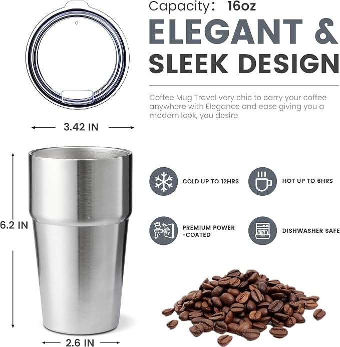 MEWAY 16oz Tumbler Double Wall Vacuum Insulated Travel Mug Bulk, Stainless - Image 2