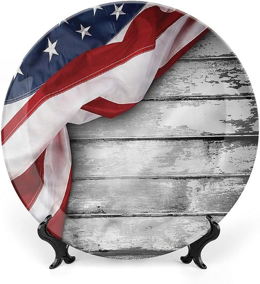 Decorative Plates, American Flag Print Ornament, Flag on Wood Planks, 8 Inch, Kitchen Wall Decor, Multicolor