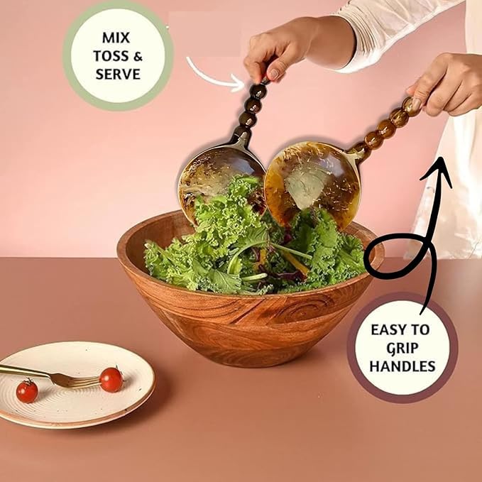 SS CRAFTS INDIA Premium 9" Brown Marbled Resin Salad Servers | Set of 2 Beaded - Image 5