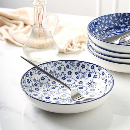 Selamica Porcelain Salad Pasta Bowls, Serving bowls, Microwave & Dishwasher Safe, Sturdy & Stackable - 26 Ounce, Set of 6, Vintage Blue