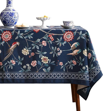 patdrea Designer Vintage Dark Blue Linen Square Tablecloth,Navy French Floral and Birds Pattern Tableloths,Decoration Table Cover for Kitchen,Dining,Tea Party,Home,Christmas,67"*67"