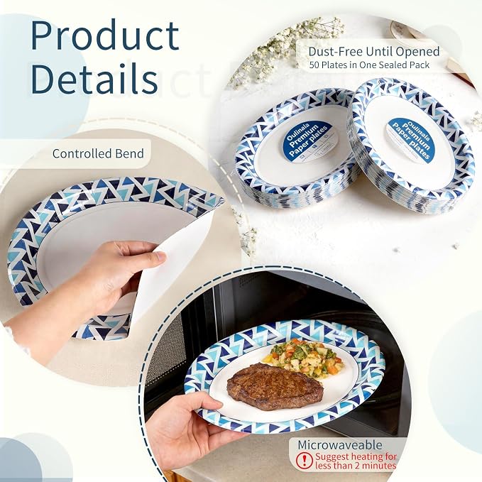 Paper Plates 12 Inch, Microwave Safe, Sturdy Bulk Paper Plates, Elegant Blue - Image 6