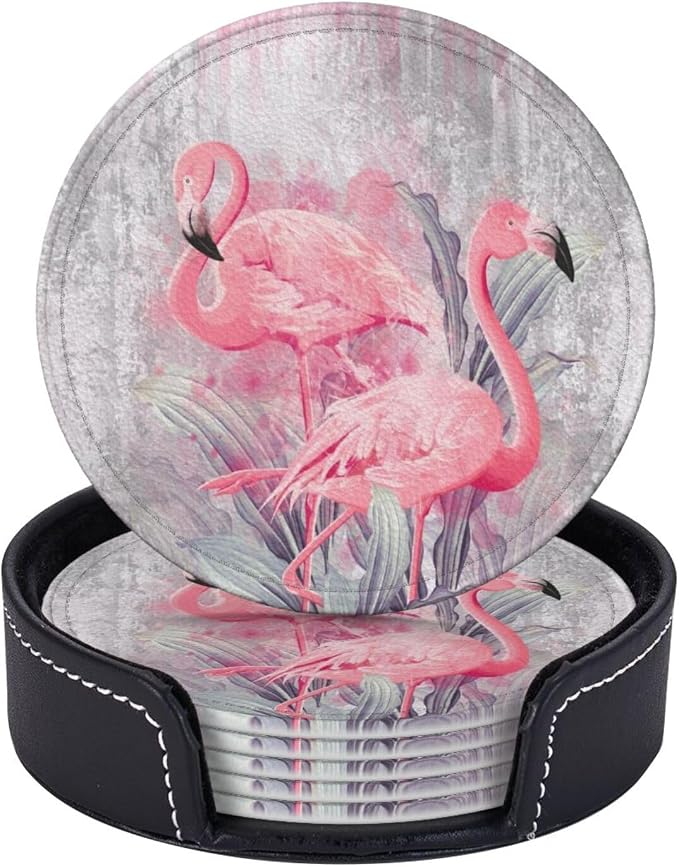 6 Pcs Pink Cute Flamingo Modern Art Boho Leather Coasters by Jfniub