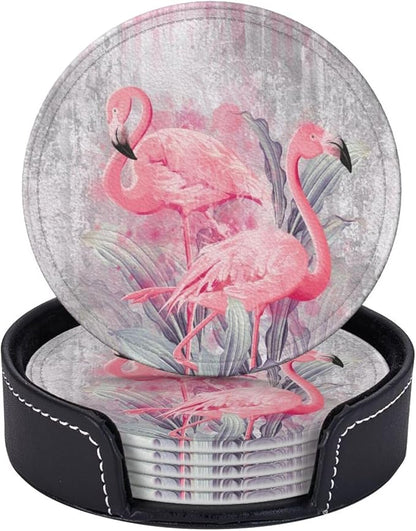 6 Pcs Pink Cute Flamingo Modern Art Boho Leather Coasters by Jfniub