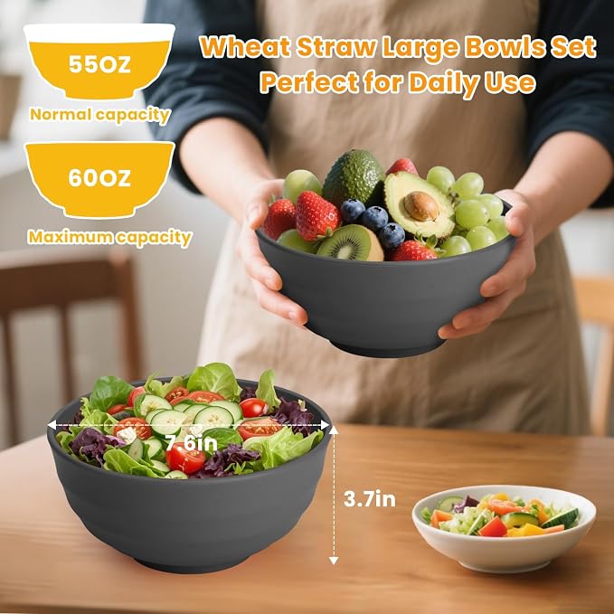Wheat Straw Bowls Set of 8, 60oz Extra Large Unbreakable Bowls - Image 2