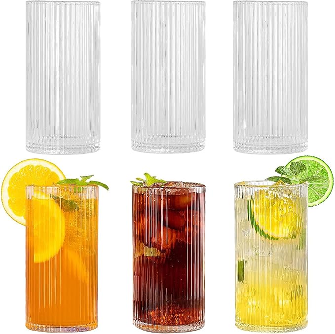 Ribbed Glassware Vintage Drinking Glasses 6Pcs -13OZ Clear Ribbed Drinking by Megarte