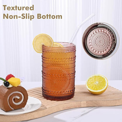 Vintage Hobnail Drinking Glasses Set of 8,Purple 12 oz & 15oz Highball Glass Cups, Kitchen Drinkware Glassware,Embossed Water Tumbler,for Beer,Cocktail,Whiskey,Juice and Various Mixed Drinks