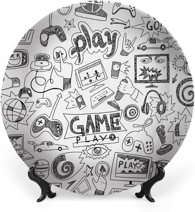 Ceramic Plates, Video Games Decorative Ceramic Plates, Monochrome Sketch Style Gaming Design Racing, 7 Inch, for Dining, Parties, Wedding, White Black