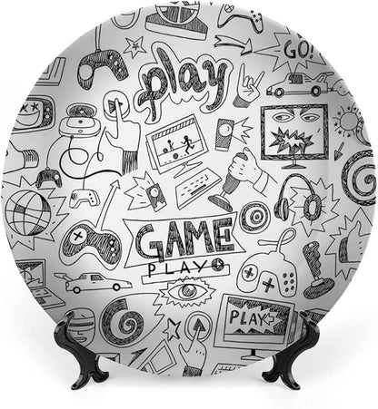 Ceramic Plates, Video Games Decorative Ceramic Plates, Monochrome Sketch Style Gaming Design Racing, 7 Inch, for Dining, Parties, Wedding, White Black