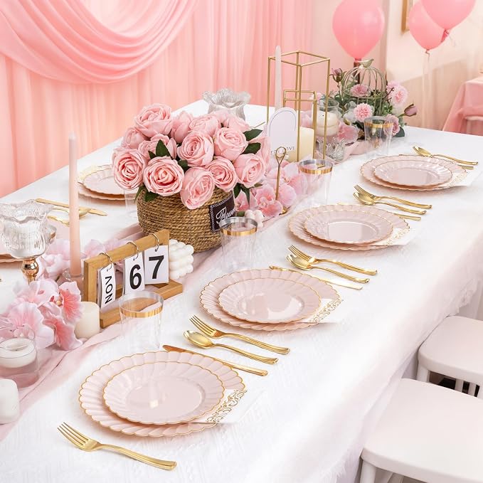 YOUBET 60PCS Pink Scalloped Plastic Plates - Image 3