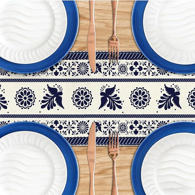 Blue Birds Flowers Mexican Table Runner Spring Floral Decor | Blue Patchwork - Image 4