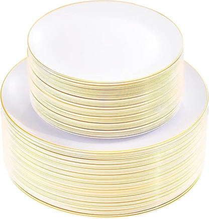 KIRE 100PCS Disposable Plates - White with Gold Rim for Christmas Party/Wedding - Includes 50Pieces 10.25inch Dinner and 50Pieces 7.5inch Dessert/Salad Plates