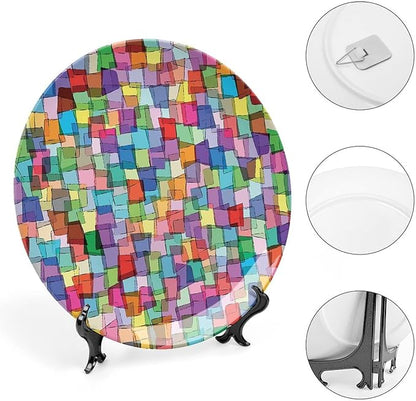 Ceramic Display Plate, Abstract Ceramic Hanging Decorative Plate, Mosaic Tile Pattern Colorful Squares Cubes, 10 Inch, Living Room Kitchen Decoration Household, Multicolor