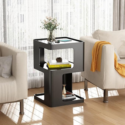 Black Side Table, Modern Nightstand Metal End Table for Living Room Bedroom,Square Bedside Table-3 Tier Storage,Not Assemble Required