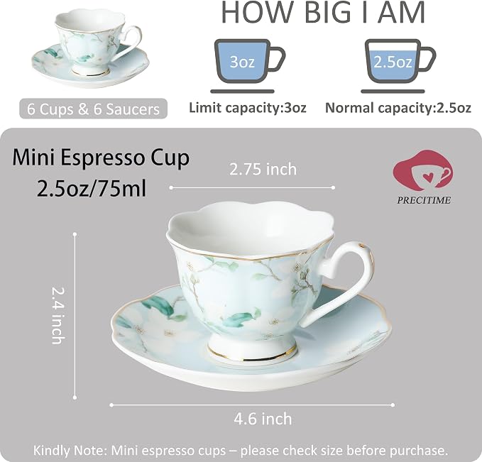 2.5oz Porcelain Demitasse Set of 6, 75ml Blue & Gold Floral | Embossed floral - Image 2