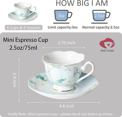 2.5oz Porcelain Demitasse Set of 6, 75ml Blue & Gold Floral | Embossed floral - Image 2