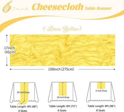 6 Pack Lemon Yellow Cheesecloth Table Runner, 17 x 108 inch, Semi Sheer Boho - Image 3
