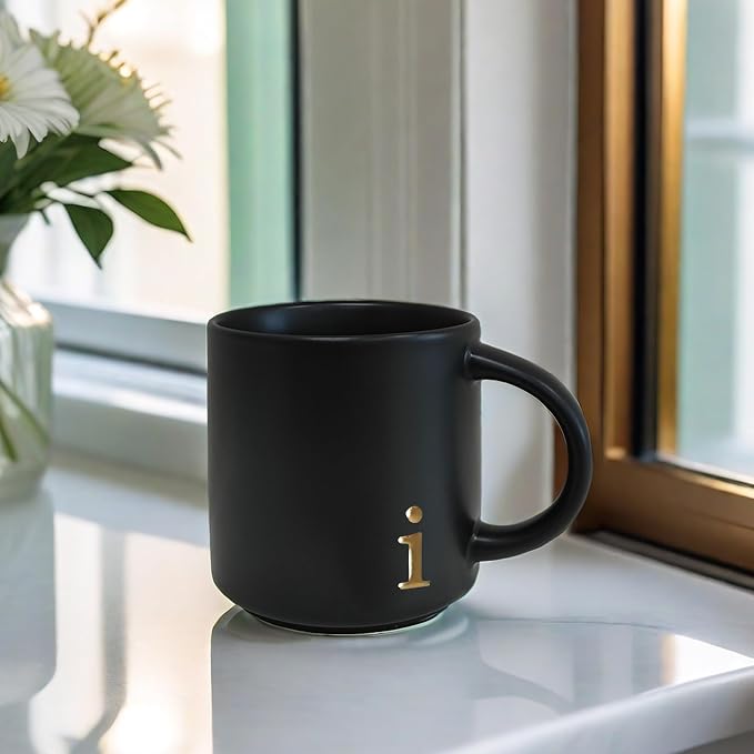 COLLECTIVE HOME Black Ceramic Coffee Mug, 15 oz Golden Monogram Tea Cup | - Image 6
