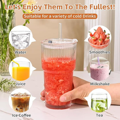 20oz Ribbed Glass Cups with Lids and Straws, Iced Coffee Cups Drinking Glasses - Image 4