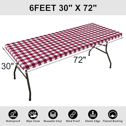 Smiry Rectangle Picnic Table Cloth, Elastic Waterproof Fitted Vinyl Tablecloths, Flannel Backed Buffalo Plaid Table Covers for Dining, Camping, Outdoor (Burgundy and White, 30" x 72")