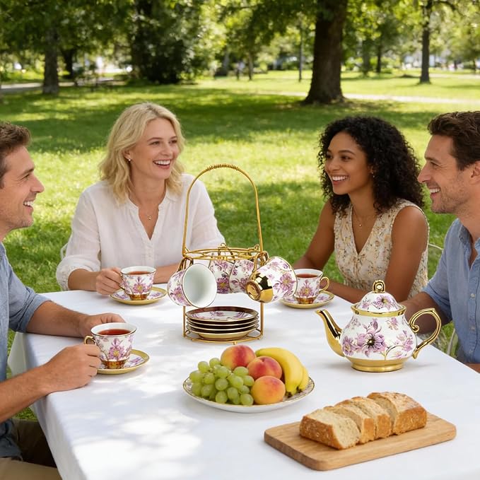 20 Pcs Porcelain Tea Set With Metal Holder, - Image 6