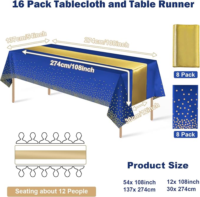 16Pack Disposable Plastic Tablecloths and Satin Table Runner Set Blue and Gold - Image 2