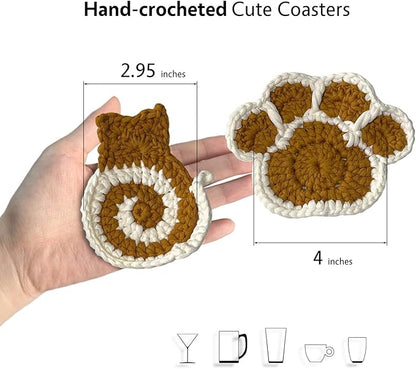UMIRRO Handwoven Drink Coasters for Coffee Table, Cute Themed Gifts for Cat Lovers, Home Kitchen Decor for Room - Cat Butt & Paw Print, Set of 2