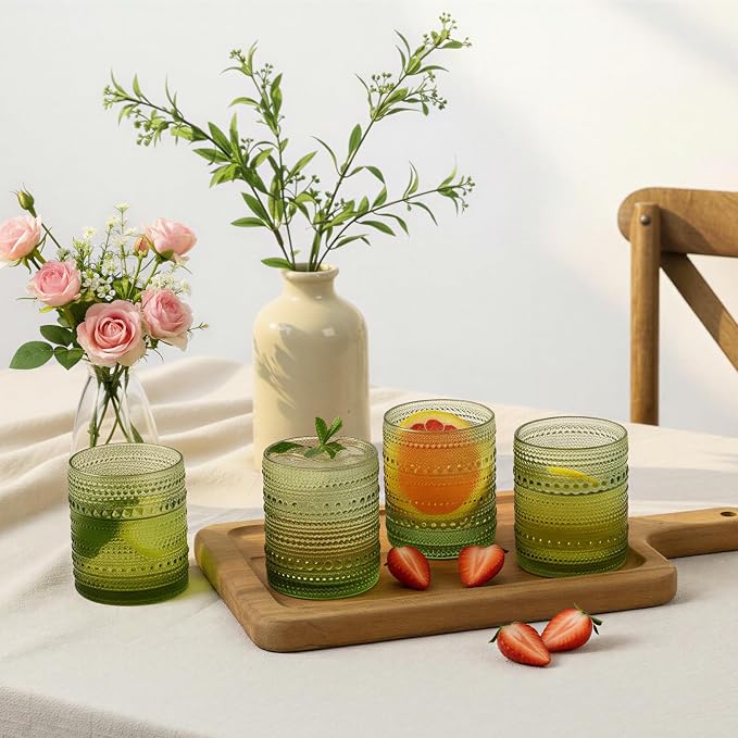 Moretoes 12 Pack 10 Oz Green Vintage Hobnail Drinking Glasses Set | Cocktail - Image 7