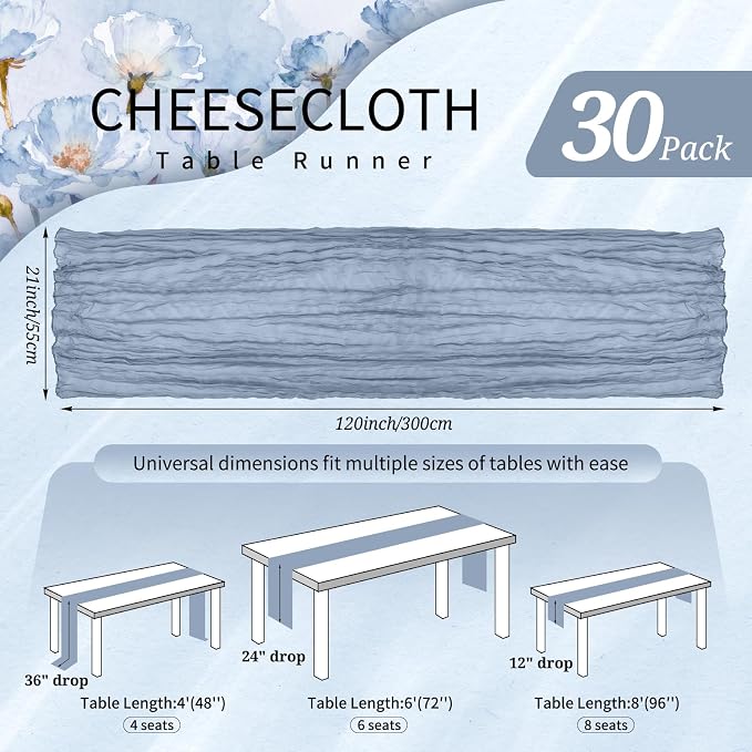 30 Pack Cheesecloth Table Runner 10FT Dusty Blue Table Runner Boho Gauze Cheese - Image 2