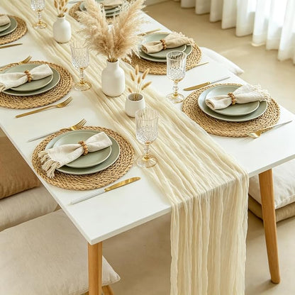 3 Pack Beige Cream Cheesecloth Table Runner 35x120 Inches, Summer Boho Cream - Image 2