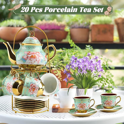 20Pcs Porcelain Tea Set with Metal Holder and Spoons, Floral Tea Sets - Image 4