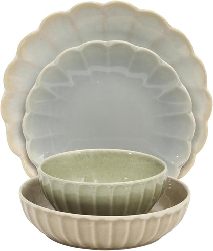 Gibson Elite Malibu Shore 16 Piece Scallop Stoneware Reactive Glaze (Service for 4) Ceramic Plates and Bowls Dinnerware Set - Assorted Color (Shiny Cream White, Blue, Cream, Terracotta)