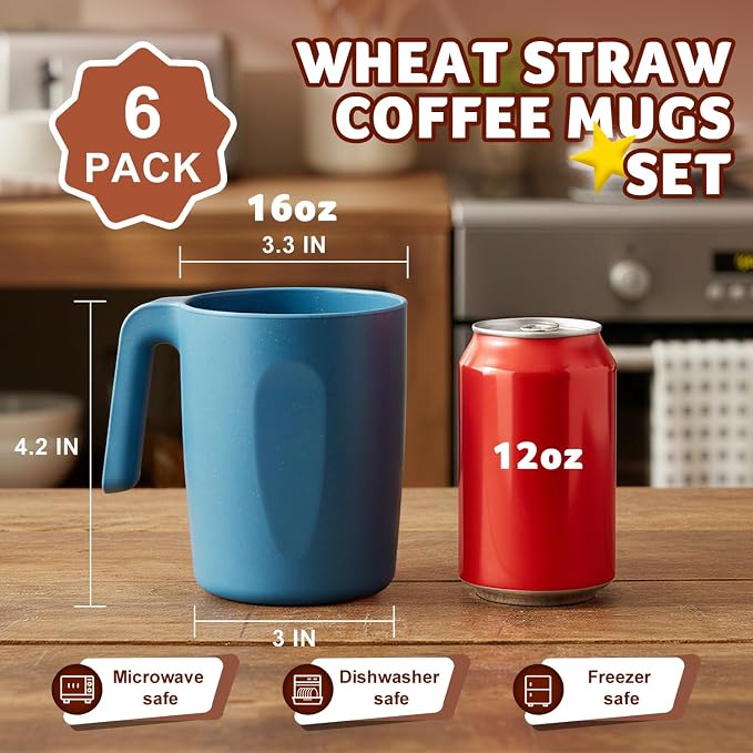 Coffee Mugs Set of 6, Wheat Straw Cups 16 OZ, Unbreakable Coffee Mugs - Image 2