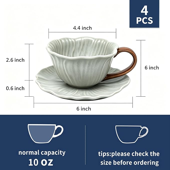 KOOV Latte Cup and Saucer Set of 4, Vintage Hand-Painted 10 oz Ceramic - Image 3