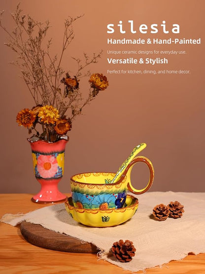 silesia Handmade Loop Handle Soup Bowl, Plate and Spoon Set Ceramic Hand - Image 5