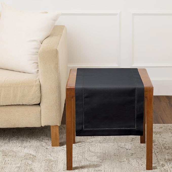 Solino Home Cotton Linen Dining Table Runner Black Hemstitch, 14 x 36 in | by SolinoHome